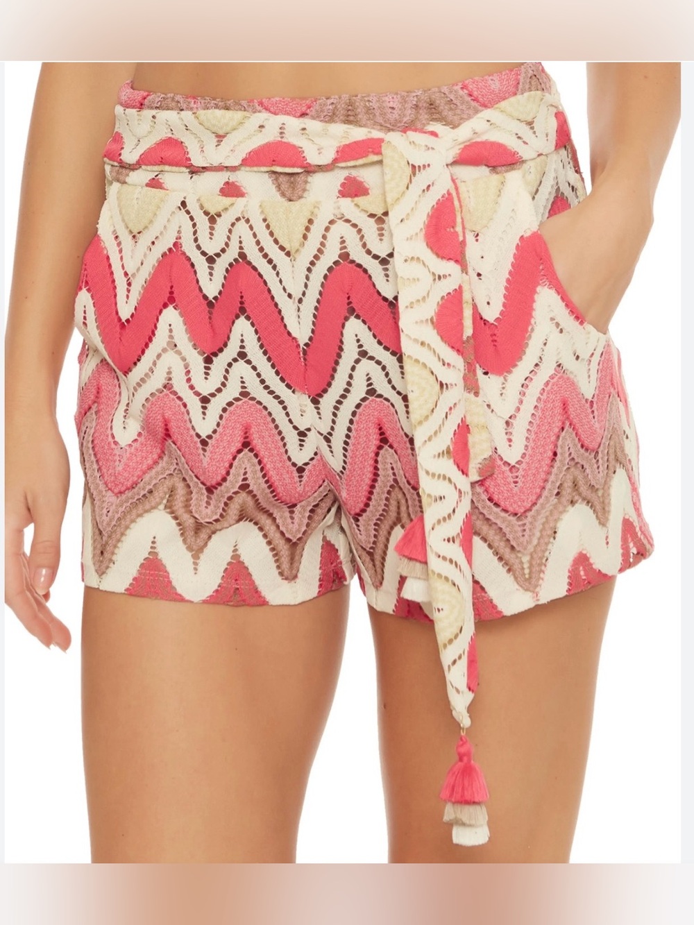 Trina Turk Coral Chevron Knit Shorts with Tassel Tie